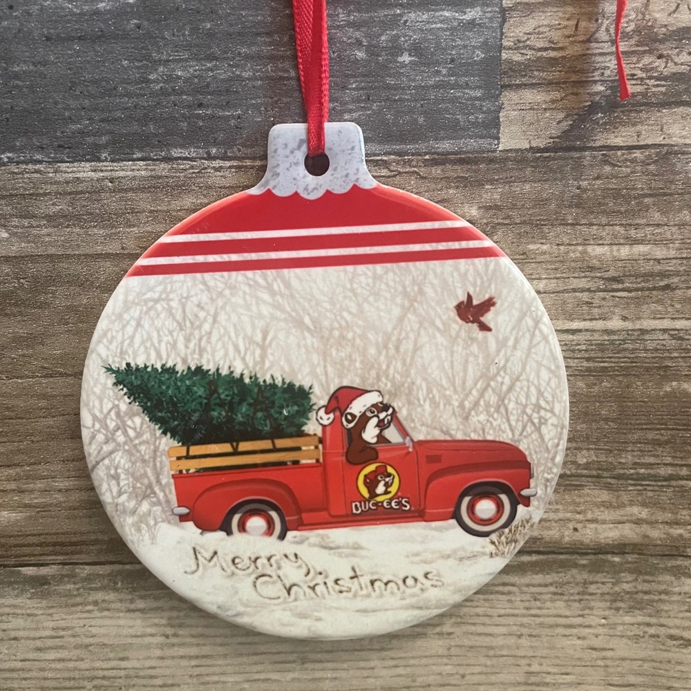 VTG Buc-ee's Christmas Ornament Red Truck Beaver Mascot Ceramic Holiday BC2003